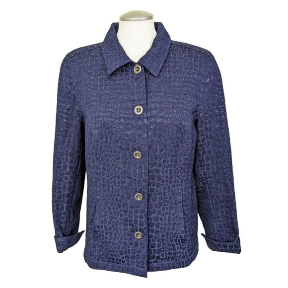 Chicos 2 Blazer Jacket Womens Large Navy Blue Metallic Textured Pockets Lined - Picture 1 of 5